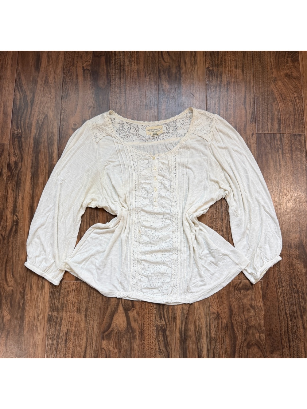 Denim & Supply Ralph Lauren Lace Trim Henley Blouse Cream M Boho Peasant Top
